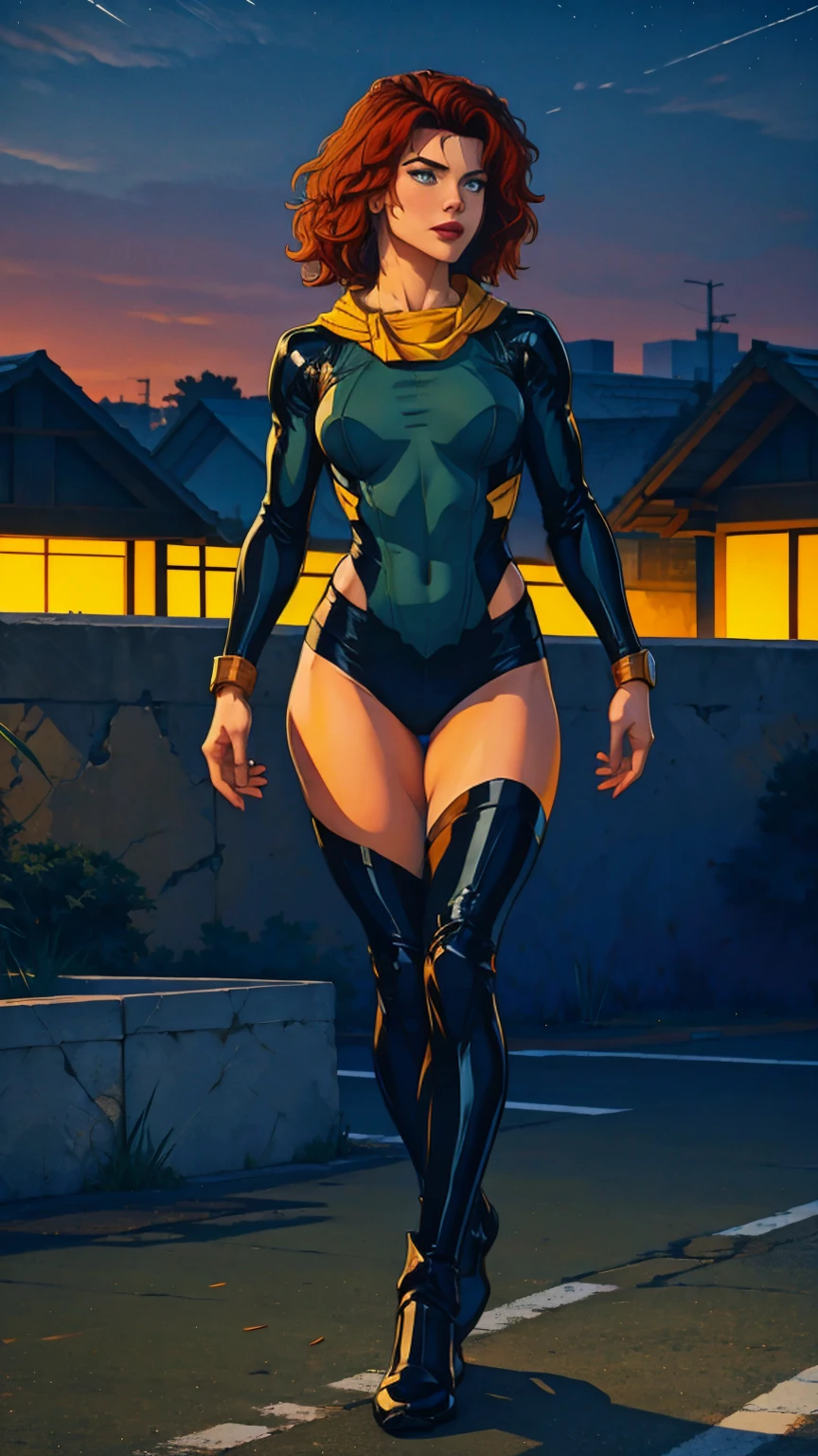 ((Full body photo, standing, feet on the ground)) (best quality, 4k, 8k, high resolution, cyclist body, masterpiece: 1,2), ultra-detailed, (realistic, photorealistic, photorealistic: 1, 37), full body photo, Rogue, X-Men, floating in the air, yellow high boots, flying pose, standing, show feet, outside, city roof at night, green bandana
