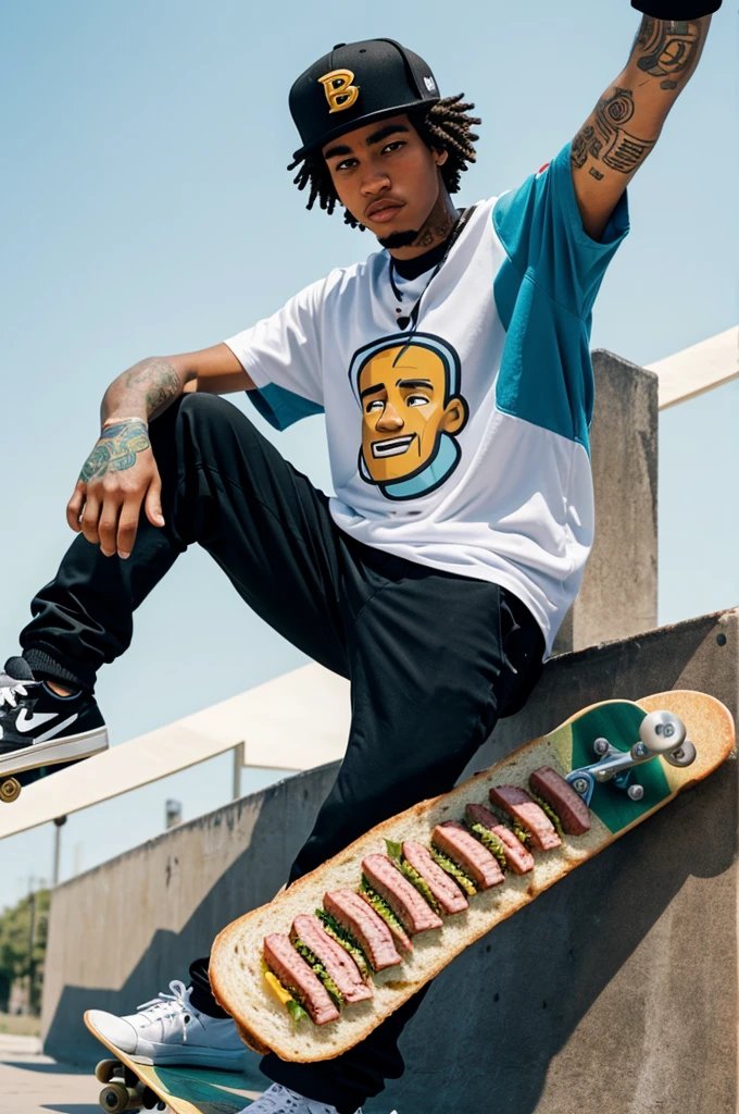 Make me an animated character of a sandwich that a skateboarder rides, He has a rapper aesthetic, his profession is medicine