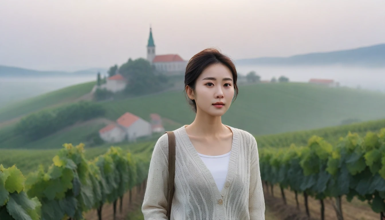 8k best picture quality, Beautiful 36-year-old Korean woman, Chest size 34 inches, Pass through vineyards in the Croatian countryside and see the cathedral in the early morning fog.., The back background is realistic and vivid quality., short and medium hair, White shirt and short cardigan,Perfect and realistic photos, The background is realistic.. Full body shot with Canon camera 16-35 wide angle lens, expressionless, Standing on a vineyard hill covered in thick fog