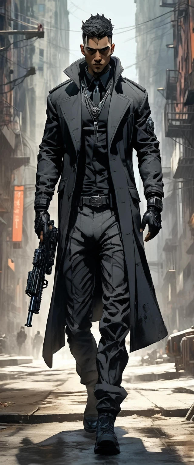 (masterpiece:1.2), (best quality:1.2), (ultra-detailed:1.2), finely detail, perfect anatomy, Apex Legend Wraith, black bodysuit, one young man's beautiful body, intense expression, holding gun, standing in desolate wilderness, dramatic lighting, intense shadows, sandy texture, high contrast, vivid colors, dynamic pose, strong posture, rough background, explosive atmosphere Abstract, Dystopian theme, Surrealistic elements, Digitally rendered illustration, High resolution, Intricate details, Dramatic composition, Avant-garde and chaotic brushwork, Gothic style, Intense emotion, Spectacular scale, Raw and rough, Fascinating and provocative work of art
