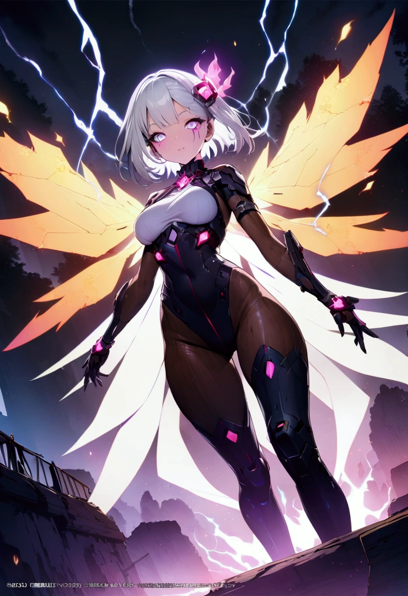 A beautiful girl magician wearing a cyberpunk-style mecha flying in the sky, Long white hair,Hair accessories, Huge transparent wings, (electricity)，(flame)，(ice)，(gem)，cloud, Metal Material，Wood texture, Depth of Field, Blurred background,A fusion of aesthetics and dynamics,Wide-angle lens ,(masterpiece, Top quality, best quality, Official Art, beautiful and aesthetic:1.2), Fractal Art, rich and colorful, Glowing skin,