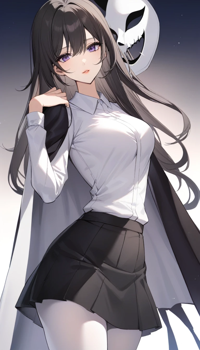 17 year old girl, pretty face and beautiful,  pretty lips, purple eyes, long straight black hair, semi-large breasts, semi-large thighs, hip a little wide, thin waist, clothes tights and a black skirt.    White shirt with a black cape and a mask next to his face a white hollow knight mask 
