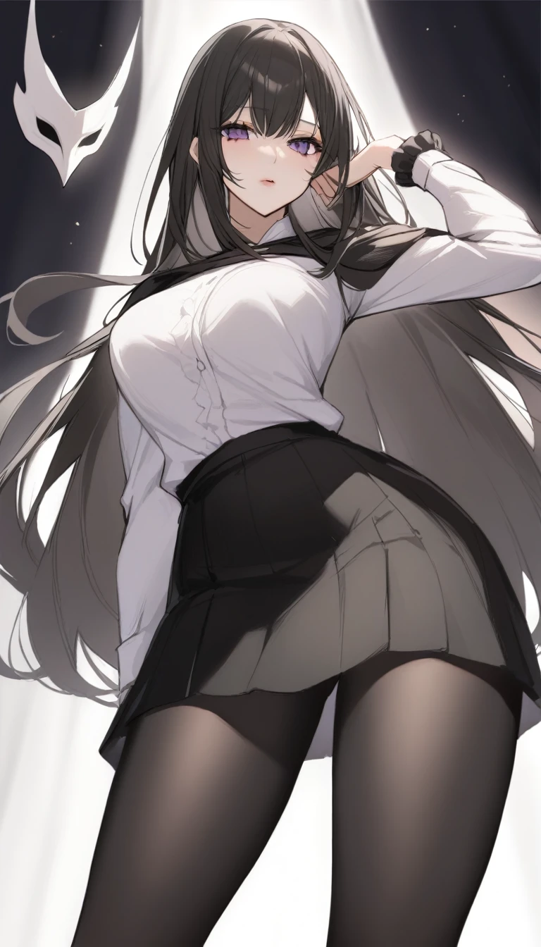 old girl, pretty face and beautiful, pretty lips, purple eyes, long straight black hair, semi-large breasts, semi-large thighs, hip a little wide, thin waist, clothes tights and a black skirt. White shirt with a black cape and a mask next to his face a white hollow knight mask