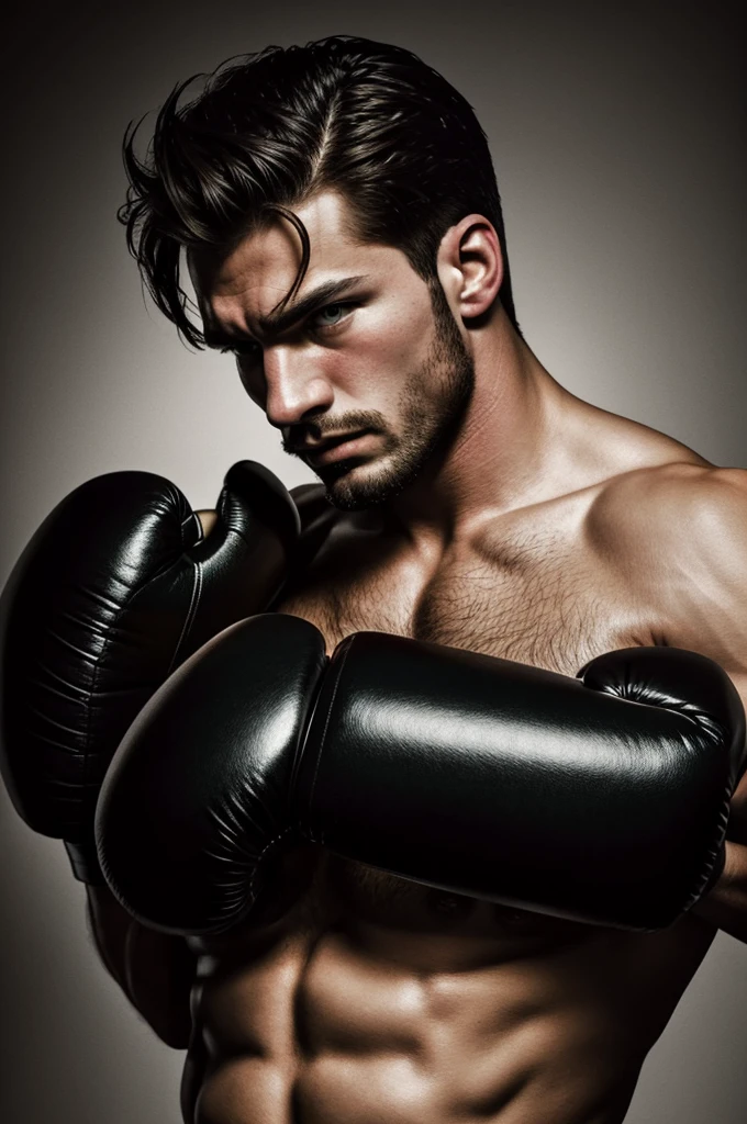 Realistic artwork brunette man with boxing gloves on shoulders with aggressive look high contrast handling maximum quality visual impact Caravaggio painting style