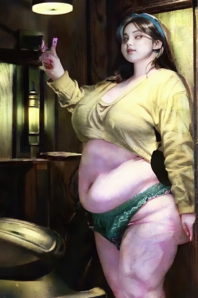 il y a une femme en chemise blanche et culotte noire qui pose, she has a round and big belly, thick, bbwchan, her belly is big and round, sultry body with sexy belly, attractive plus size model, her navel is exposed, hyperrealistic complete figure, corps thick, large stomach, curved model