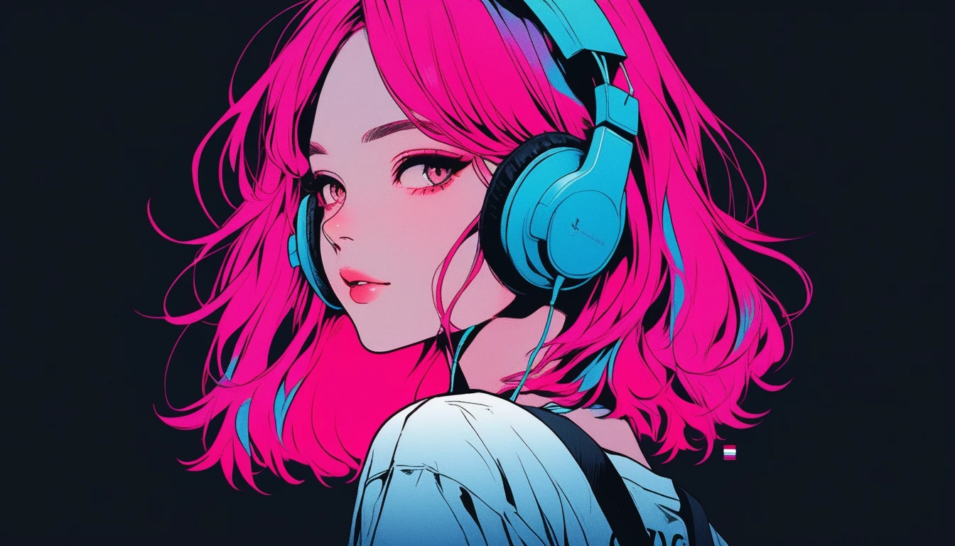Illustrator, anime , Realistic ,sketch , 1 Girl, ,lip, tshirt,order, Black gradient background, summer、Neon Hair,Textured Trim, Canadian, (masterpiece,Highest quality) Cancer、wear earphone
