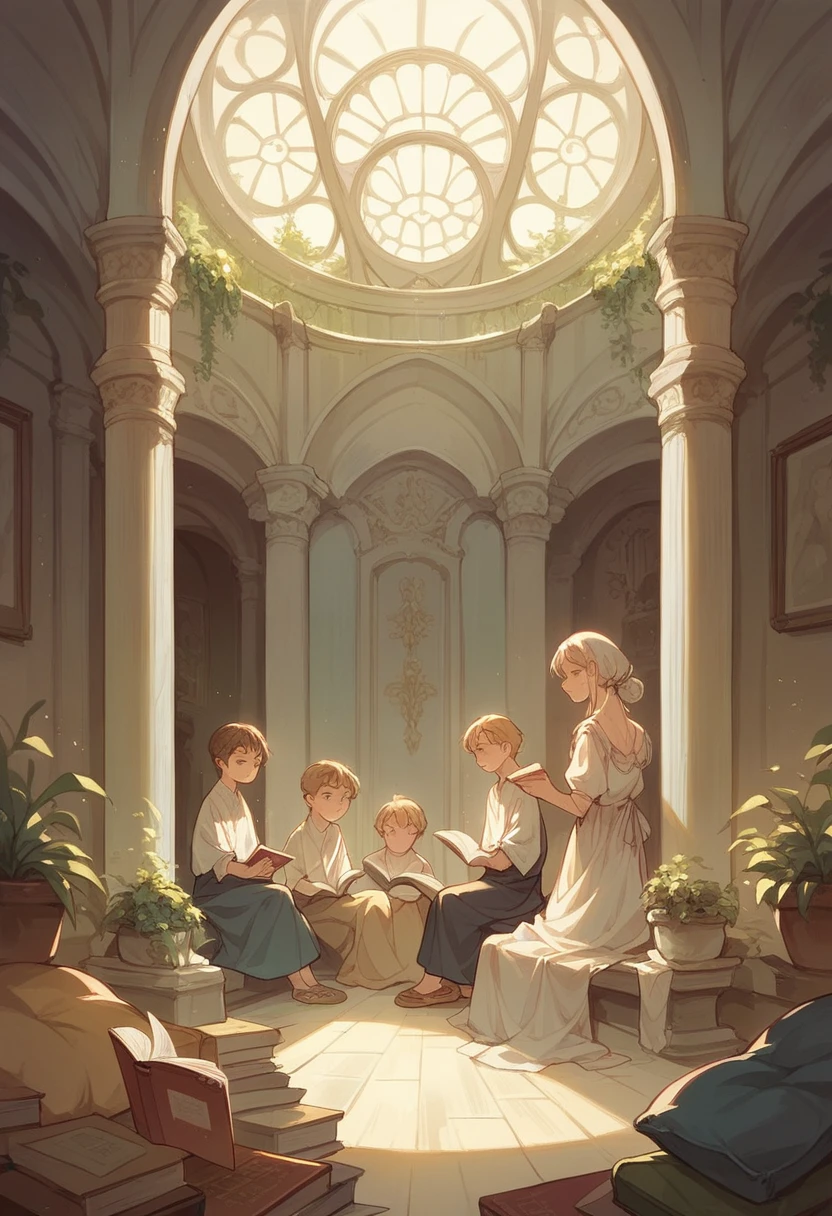 three young people reading the Bible in a beautiful room with people