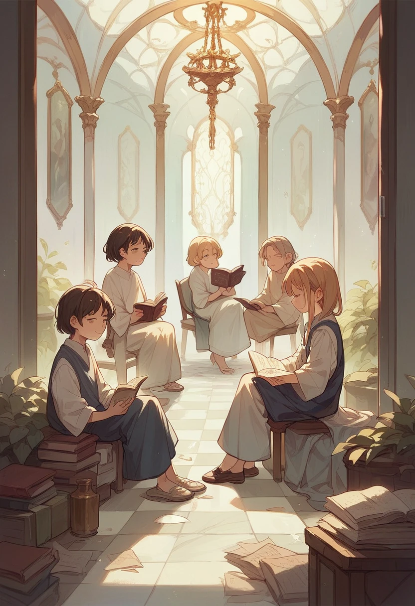 three young people reading the Bible in a beautiful room with people