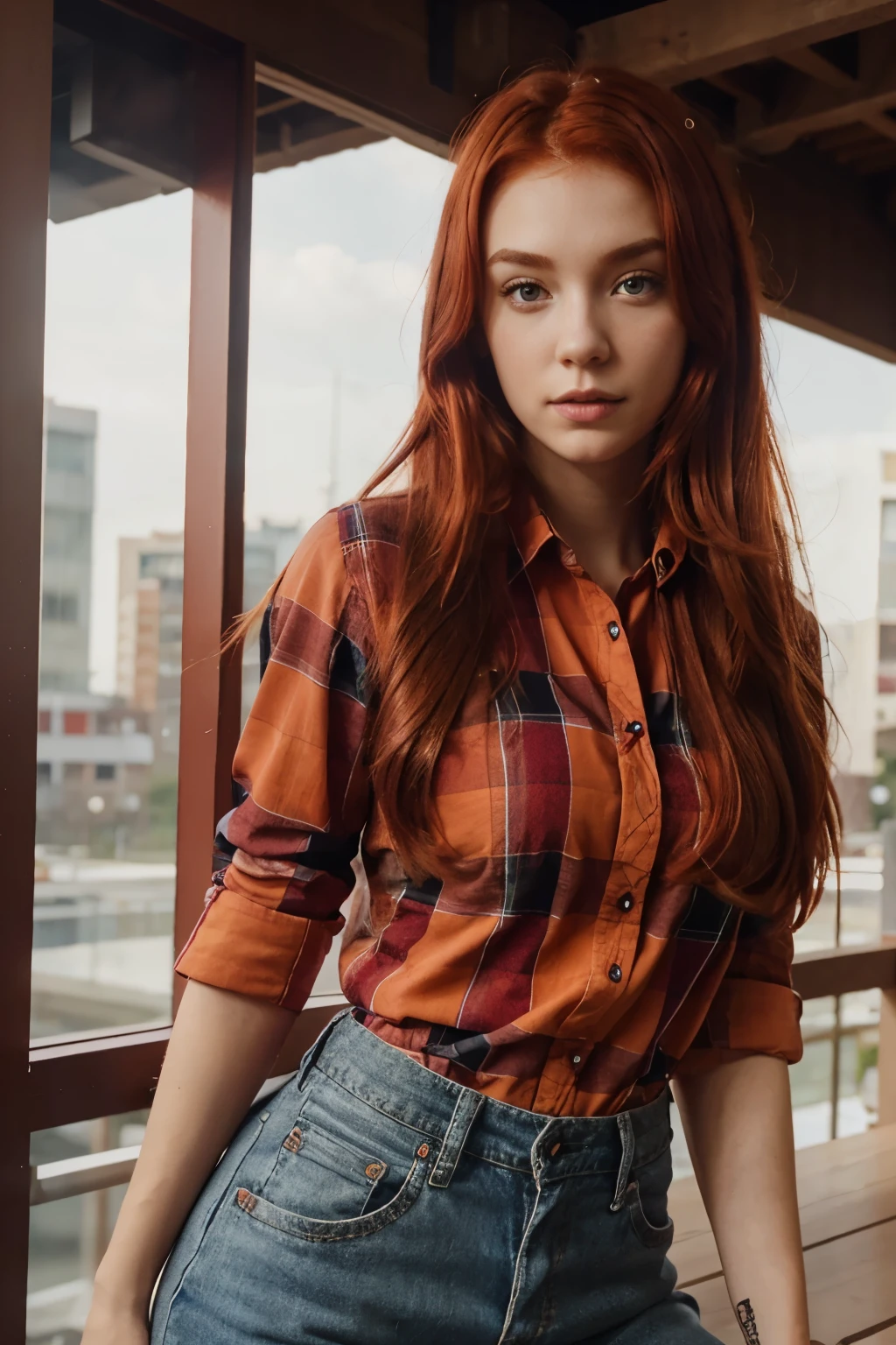 A girl with red hair, slim build, large red checkered shirt, red hair. 