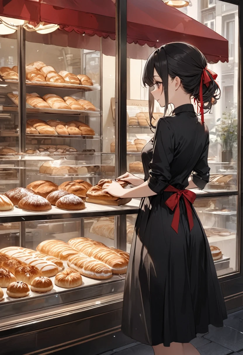 Always Details、whole body、A girl working at a bakery wearing a black dress and a red ribbon、A shot from a shop window