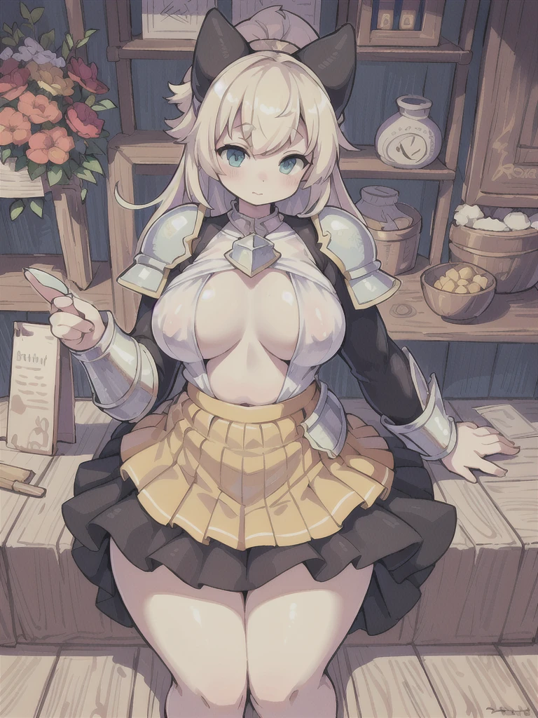 Highest quality, 8k, (One girl:1.3),(((Big Tits:1.1))), (Colorful illustrations:1.4), (masterpiece, Highest quality, Highest quality, Official Art), Very detailed, Most detailed, (Super detailed), ((Very delicate and beautiful)), ((Heavy armor with half of the chest exposed)), ((knight)), (pocket), ((Ready your spear)), ((skirt, Thighs))