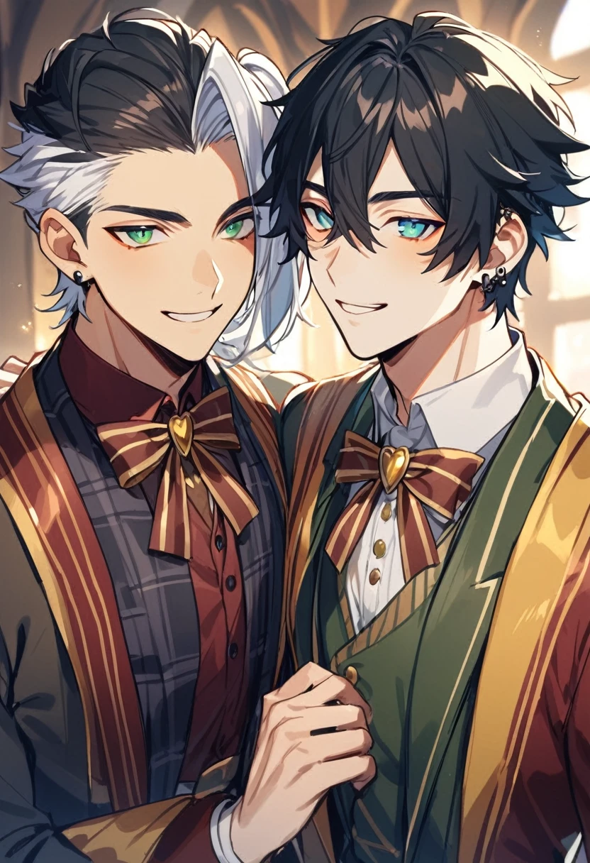 (2 guys, gay couple) (Male,5'4,pierced ears,light skin,blue eyes, white long hair half up half down,hogwards uniform) and (Male,5'8,light skin,green eyes,messy black hair,hogwards uniform)