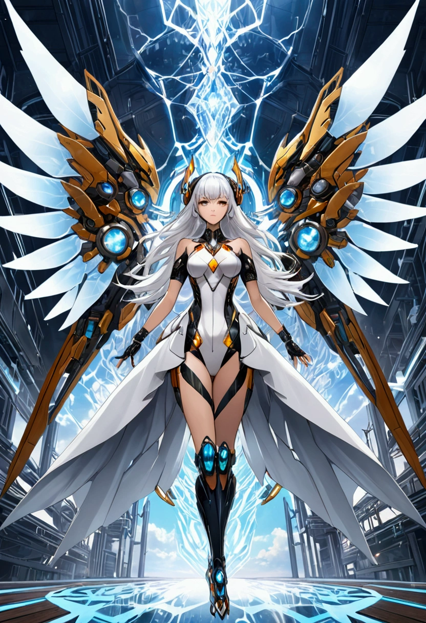 A beautiful girl magician wearing a cyberpunk-style mecha flying in the sky, Long white hair,Hair accessories, Huge transparent wings, (electricity),(flame),(ice),(gem),cloud, Metal Material,Wood texture, Depth of Field, Blurred background,A fusion of aesthetics and dynamics,Wide-angle lens ,(masterpiece, Top quality, best quality, Official Art, beautiful and aesthetic:1.2), Fractal Art, rich and colorful, Glowing skin,