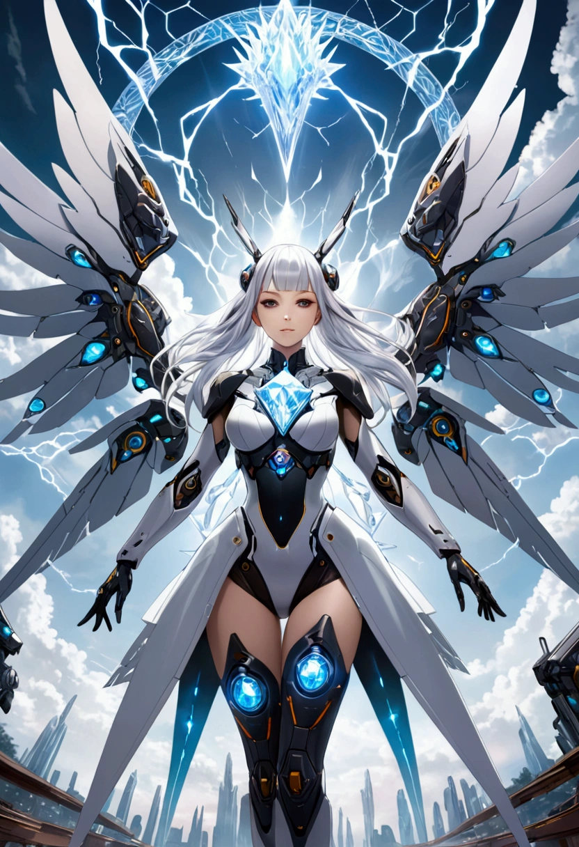 A beautiful girl magician wearing a cyberpunk-style mecha flying in the sky, Long white hair,Hair accessories, Huge transparent wings, (electricity)，(flame)，(ice)，(gem)，cloud, Metal Material，Wood texture, Depth of Field, Blurred background,A fusion of aesthetics and dynamics,Wide-angle lens ,(masterpiece, Top quality, best quality, Official Art, beautiful and aesthetic:1.2), Fractal Art, rich and colorful, Glowing skin,