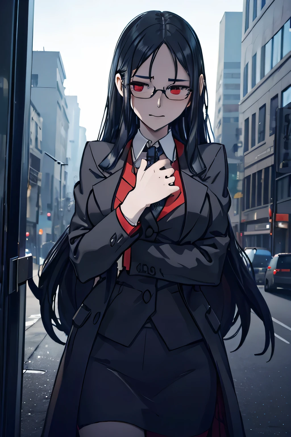 a beautiful young woman in her 20s, long black hair, red eyes, glasses, wearing a long coat, a detective, maniacal grin, cool, cute, big breasts, sexy, (best quality,4k,8k,highres,masterpiece:1.2),ultra-detailed,(realistic,photorealistic,photo-realistic:1.37),portrait,dark fantasy,dramatic lighting,moody atmosphere,cinematic,vibrant colors,intricate details