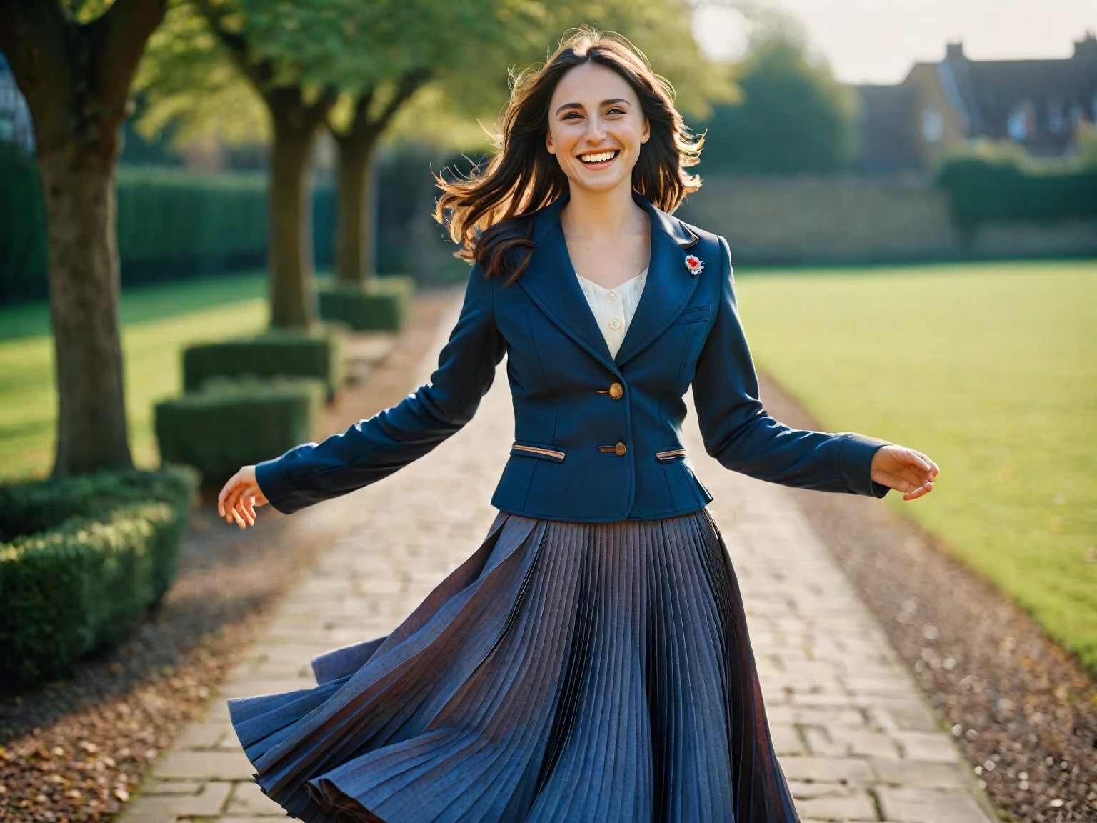 Laura Tobin, A smiling, authentic, (shy:1,3), kind, beautiful woman, is passionately in love with her skirt, wind wildly lifts her skirt, wearing uniform jacket and very, very detailed (long (fully pleated) full circle skirt) and (low heeled court shoes), very, very intricate hyper-detailed symmetric (attractive graceful young feminine face) with (sad, tired eyes and a loving smile), very voluptuous breasts, full of empathy and compassion and love, (pronounced (feminine) features), (highly detailed ultra accurate realistic) hands and fingers, (windy), epic composition, highly detailed attributes, (35mm f1.4 Kodak portra 400 photograph), extremely high quality RAW photograph, highly detailed atmosphere, sci-fi, cinematic shot, dynamic lighting, 75mm, Technicolor, Panavision, cinemascope, sharp focus, fine details, 8k, HDR, realism, realistic, key visual, film still, superb cinematic color grading, depth of field