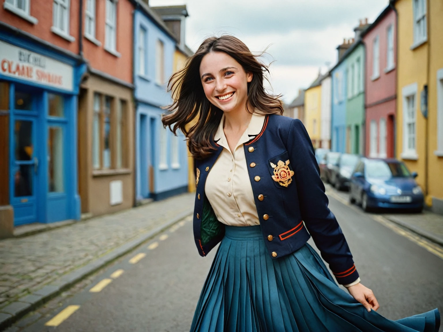 Laura Tobin, A smiling, authentic, (shy:1,3), kind, beautiful woman, is passionately in love with her skirt, wind wildly lifts her skirt, wearing uniform jacket and very, very detailed (long (fully pleated) full circle skirt) and (low heeled court shoes), very, very intricate hyper-detailed symmetric (attractive graceful young feminine face) with (sad, tired eyes and a loving smile), very voluptuous breasts, full of empathy and compassion and love, (pronounced (feminine) features), (highly detailed ultra accurate realistic) hands and fingers, (windy), epic composition, highly detailed attributes, (35mm f1.4 Kodak portra 400 photograph), extremely high quality RAW photograph, highly detailed atmosphere, sci-fi, cinematic shot, dynamic lighting, 75mm, Technicolor, Panavision, cinemascope, sharp focus, fine details, 8k, HDR, realism, realistic, key visual, film still, superb cinematic color grading, depth of field