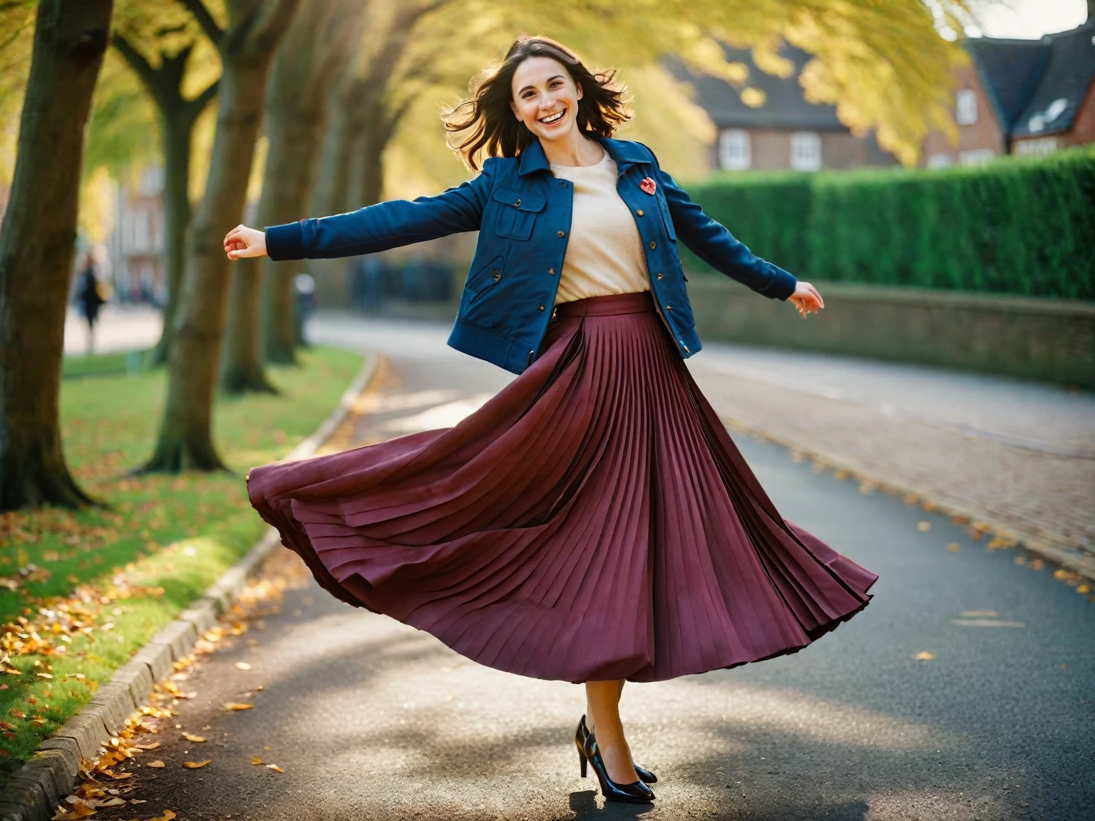 Laura Tobin, A smiling, authentic, (shy:1,3), kind, beautiful woman, is passionately in love with her skirt, wind wildly lifts her skirt, wearing uniform jacket and very, very detailed (long (fully pleated) full circle skirt) and (low heeled court shoes), very, very intricate hyper-detailed symmetric (attractive graceful young feminine face) with (sad, tired eyes and a loving smile), very voluptuous breasts, full of empathy and compassion and love, (pronounced (feminine) features), (highly detailed ultra accurate realistic) hands and fingers, (windy), epic composition, highly detailed attributes, (35mm f1.4 Kodak portra 400 photograph), extremely high quality RAW photograph, highly detailed atmosphere, sci-fi, cinematic shot, dynamic lighting, 75mm, Technicolor, Panavision, cinemascope, sharp focus, fine details, 8k, HDR, realism, realistic, key visual, film still, superb cinematic color grading, depth of field