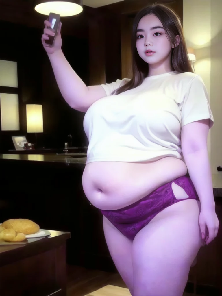 il y a une femme en chemise blanche et culotte noire qui pose, she has a round and big belly, thick, bbwchan, her belly is big and round, sultry body with sexy belly, attractive plus size model, her navel is exposed, hyperrealistic complete figure, corps thick, large stomach, curved model