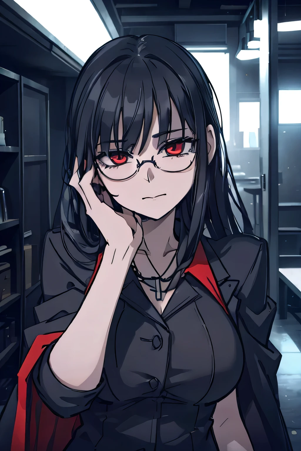 a beautiful young woman in her 20s, long black hair, red eyes, glasses, wearing a long coat, a detective, maniacal grin, cool, cute, big breasts, sexy, (best quality,4k,8k,highres,masterpiece:1.2),ultra-detailed,(realistic,photorealistic,photo-realistic:1.37),portrait,dark fantasy,dramatic lighting,moody atmosphere,cinematic,vibrant colors,intricate details