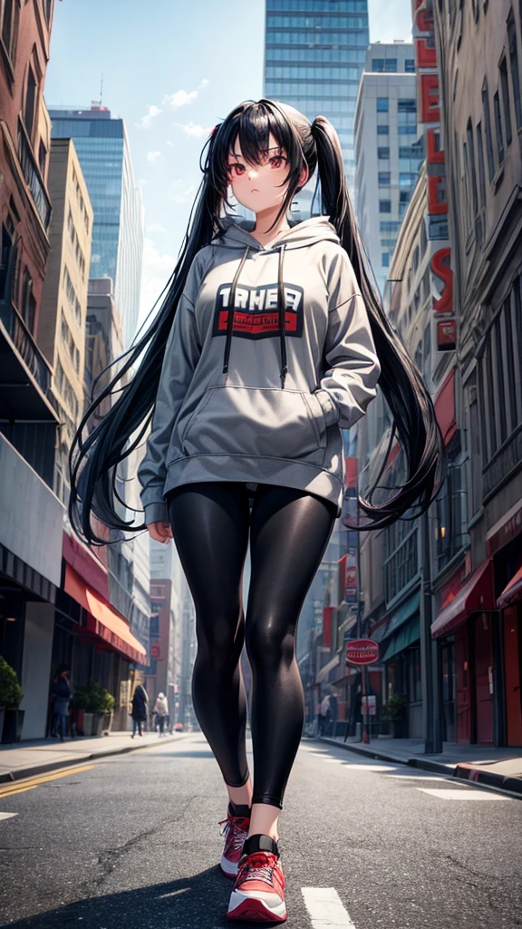 A woman with long black hair in twin tails, dressed in a gray hooded sweatshirt with text, black leggings, and red and gray sneakers, walking down a city street with buildings and signs in the background.