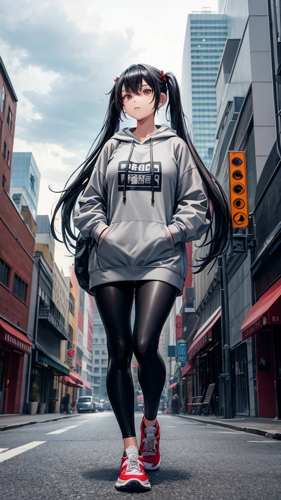 A woman with long black hair in twin tails, dressed in a gray hooded sweatshirt with text, black leggings, and red and gray sneakers, walking down a city street with buildings and signs in the background.