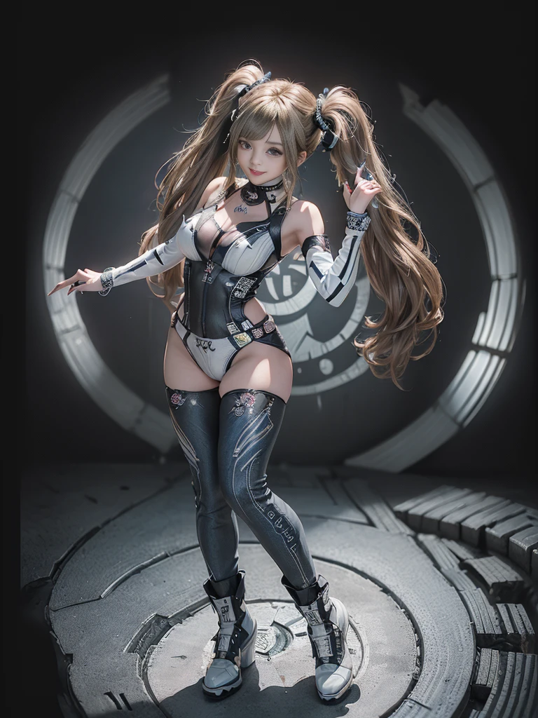 (Full Body View:1.ide view:1.2)、(Sg with teeth showing:1.3),(Shibuya Gal:1.5)、(Gothic Lolita styhion:1.5)、(Punk RockVisual Kei:1.5)、(Wearing a rhythmic gymnastics bodysuit with intricate details:1.4)、(Racing suit and pants with intricate decorations in white, denim and charcoal:1.5)、(Denim and light blue and white boots:1.3)、((belt))、(Numerous delicate logo marks all over the costume:1.4)、(collar:1.3)、(Striped unde:1.5)、20-year-old、NSFW、((Highest quality、In 8K、masterpiece:1.3))、Sharp focus:1.2、(ed Cut、Huge boobs:1.1),Beautiful woman perfect figure:1.4、(Doing an aerobics pose:1.3)、Slender Abs:1.2、Highly detaiface and skin texture、Detailed eyes、double eyelid,(Twin tails:1.3)、(Brown-golden hair:1.3)、Gravure idol、(The background is a beautiful crystal underground palace:1.3)、(Slim Body:1.3),(Make your legs er:1.4),(Thin thighs:1.1)、（clavicle:1.1）