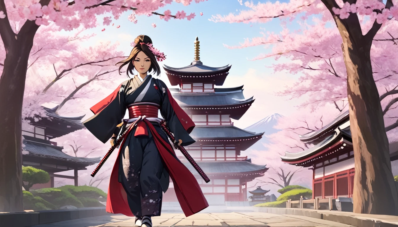 Female samurai,Cherry blossoms and Japanese temple