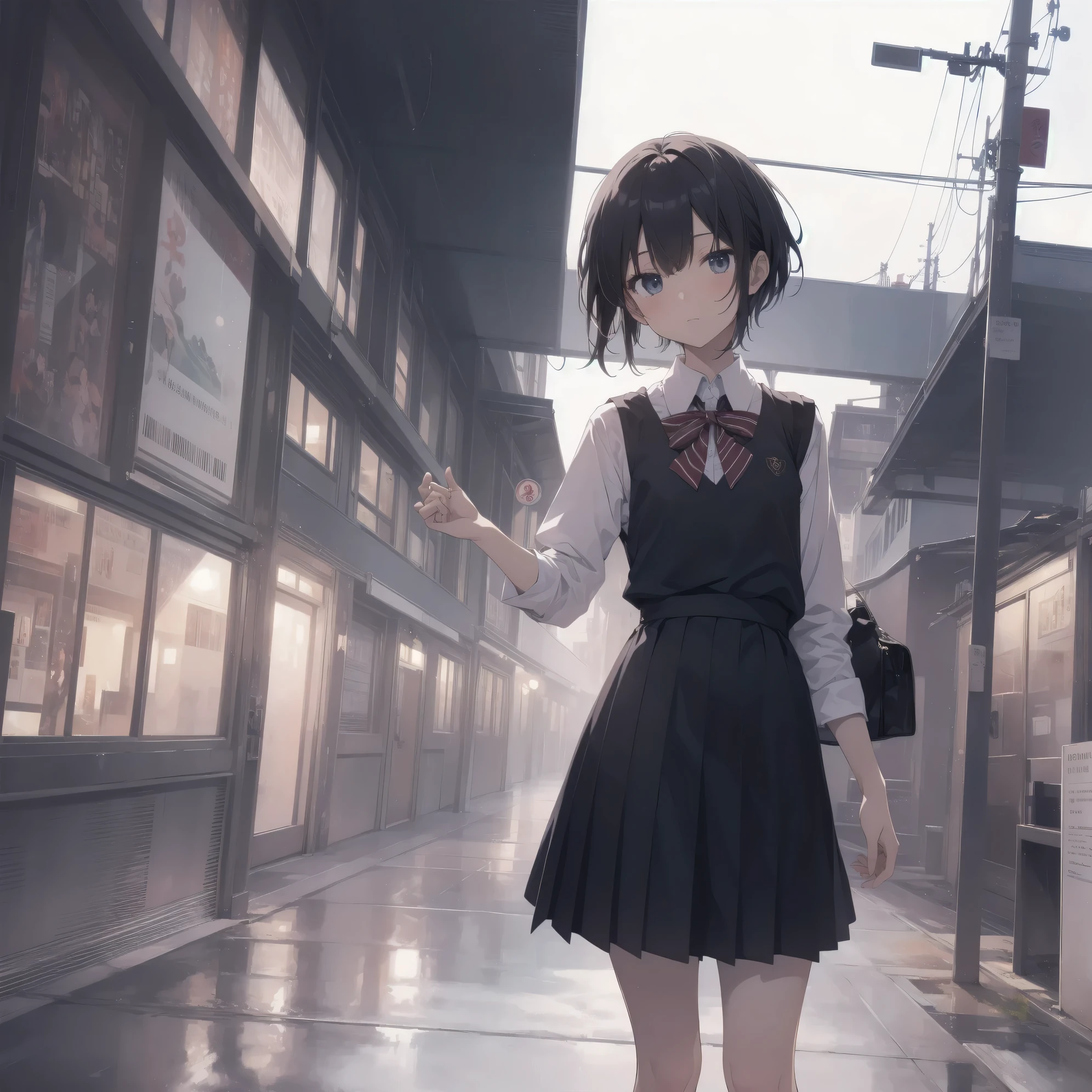 ultra-absurdres-Top quality by artist God, ultra-detailed, high resolution, anime moe artstyle, best anime 8k konachan wallpaper, pixiv contest winner, pool:2810, perfect anatomy,break, 1girl, (Please draw a girl walking sleepily to school alone. )break,(Solo,little female, 13-year-old:1.3),Full limbs, complete fingers,a junior high school student, (very short hair), short cut, flat chest, , small butt, small black eyes, beautiful detailed eyes, well-proportioned iris and pupils, expressive eyes, highres detailed hair, soft expression, salor school_uniform, sailor collar, serahuku, bow, pleated skirt,(Detailed Lighting), (Detailed background), in the School commute route. break,super detailed skin, Best cinematic lighting powered by famous artist, 8k,beauty illustration,photoshop_(medium),very aesthetic,break,((artist:yuuhagi_(amaretto-no-natsu) )), artist:clamp ,artist:carnelian ,artist:kantoku ,