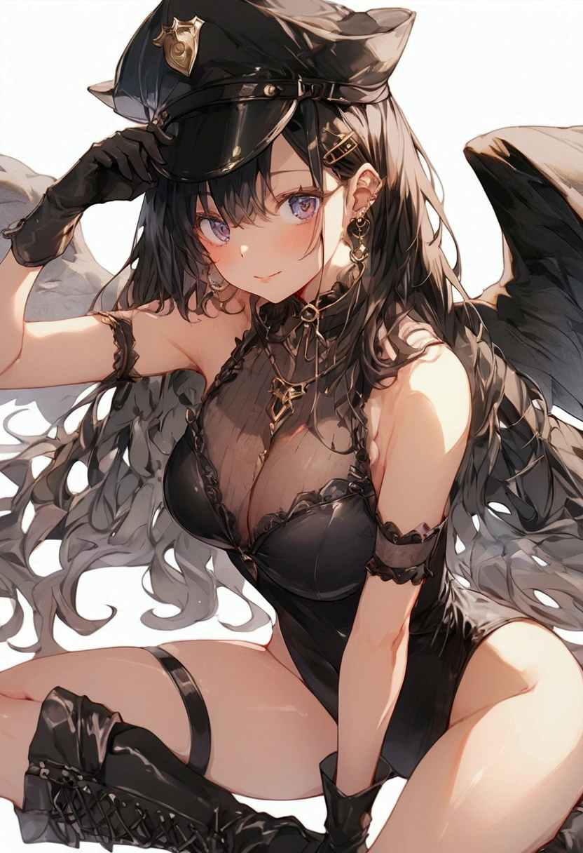 score_9,score_8,score_7,score_8_up,score_7_up、A woman in a very sexy outfit、1girl、Animal ears、boots、指なしgloves、chest、solo、gloves、Thighs、hat、Black Hair、leotard、police、tie、Long Hair、policeの制服、黒いgloves