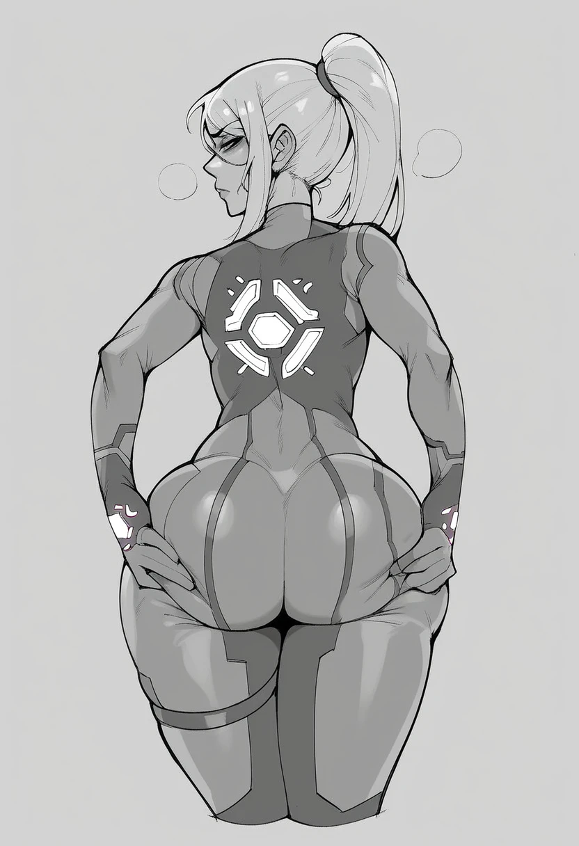 (masterpiece, best quality:1.3),Rizdraws, Thin Lineart, Soft Lineart, 1male, solo, Samus Aran from Metroid, genderswap, femboy, famine male, zero suit, looking at viewer, flat chest, wide hips, big butt, bottom heavy, wide ass, from behind, knees buckle, wide hips, hands on ass, tired look