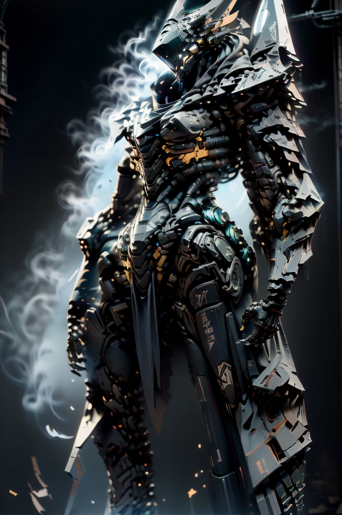 (masterpiece, best quality, ultra-detailed), Shinobi Kage-X1 mecha, 8 meters tall, 15 tons, hybrid-electric propulsion system with silent modules, lightweight composite materials with stealth coating, sleek and agile design, equipped with plasma blades, precision energy blasters, smoke grenade launchers, advanced stealth capabilities, highly agile joints, enhanced sensors for night vision and thermal imaging, standing in a dimly lit urban alleyway, cloaked in shadows, emitting a faint blue glow from its sensors, cyberpunk aesthetic, intricate mechanical details, dynamic pose, cinematic lighting, high-tech environment