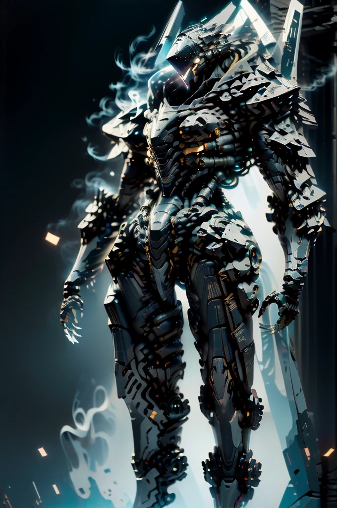 (masterpiece, best quality, ultra-detailed), Shinobi Kage-X1 mecha, 8 meters tall, 15 tons, hybrid-electric propulsion system with silent modules, lightweight composite materials with stealth coating, sleek and agile design, equipped with plasma blades, precision energy blasters, smoke grenade launchers, advanced stealth capabilities, highly agile joints, enhanced sensors for night vision and thermal imaging, standing in a dimly lit urban alleyway, cloaked in shadows, emitting a faint blue glow from its sensors, cyberpunk aesthetic, intricate mechanical details, dynamic pose, cinematic lighting, high-tech environment