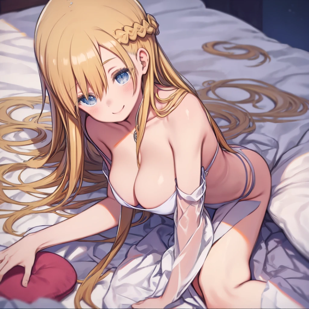 One Woman, Blonde, Long Hair, Hair between the eyes、Braid、Big Breasts、Beautiful Eyes, smile, A little blush, Long Hair, Beautiful Hair, Bright Blue Eyes, Beautiful Eyes. Half naked, Beautiful body, Slender body, White bra, White panties. Located in a lovely bedroom, Lying in bed.
