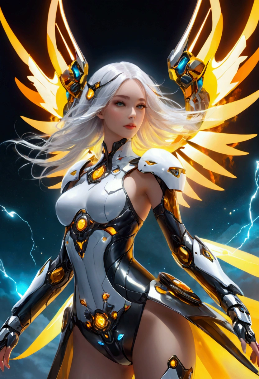 A beautiful girl magician wearing a cyberpunk-style mecha flying in the sky, Long white hair,Hair accessories, Huge transparent wings, (electricity),(flame),(ice),(gem),cloud, Metal Material,Wood texture, Depth of Field, Blurred background,A fusion of aesthetics and dynamics,Wide-angle lens ,(masterpiece, Top quality, best quality, Official Art, beautiful and aesthetic:1.2), Fractal Art, rich and colorful, Glowing skin,