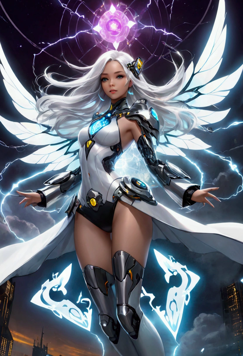 (masterpiece, top quality, best quality, official art, beautiful and aesthetic:1.2), (1girl:1.3), extremely long curly golden hair, extremely detailed, portrait, looking at viewer, solo, (full body:0.6), detailed background, close up, (cool science fiction space theme:1.1), extremely busty valkyrie, charlatan, mysterious, shooting lasers in space, cybernetic angel, huge feathered wings, chrome boob armor, dark purple streamers and skirts and sleeves and knee wrappings, cybernetic implants, mechanical hand, laser cannon, arm cannon, revealing chrome armor, bare midriff, glowing laser energy, halo, intricate armor, ornate chrome armor, sheer white fabric, elegant purple fabric, skirts, streamers, cowl, boots, bracers, ((((gigantic breasts)))), slim waist, slim hips, long legs, athletic, SPACE, futuristic moon, (space exterior:1.1) background, dark mysterious lighting, shadows, magical atmosphere, dutch angle