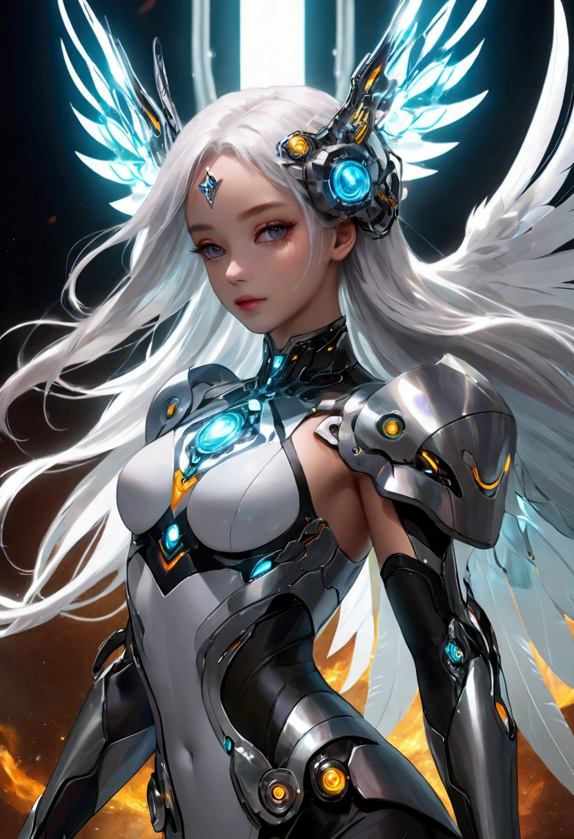 A beautiful girl magician wearing a cyberpunk-style mecha flying in the sky, Long white hair,Hair accessories, Huge transparent wings, (electricity),(flame),(ice),(gem),cloud, Metal Material,Wood texture, Depth of Field, Blurred background,A fusion of aesthetics and dynamics,Wide-angle lens ,(masterpiece, Top quality, best quality, Official Art, beautiful and aesthetic:1.2), Fractal Art, rich and colorful, Glowing skin,
