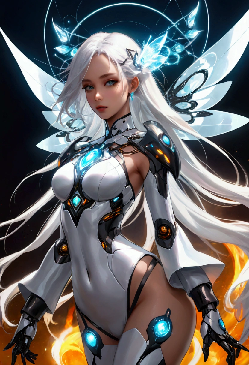 A beautiful girl magician wearing a cyberpunk-style mecha flying in the sky, Long white hair,Hair accessories, Huge transparent wings, (electricity)，(flame)，(ice)，(gem)，cloud, Metal Material，Wood texture, Depth of Field, Blurred background,A fusion of aesthetics and dynamics,Wide-angle lens ,(masterpiece, Top quality, best quality, Official Art, beautiful and aesthetic:1.2), Fractal Art, rich and colorful, Glowing skin,