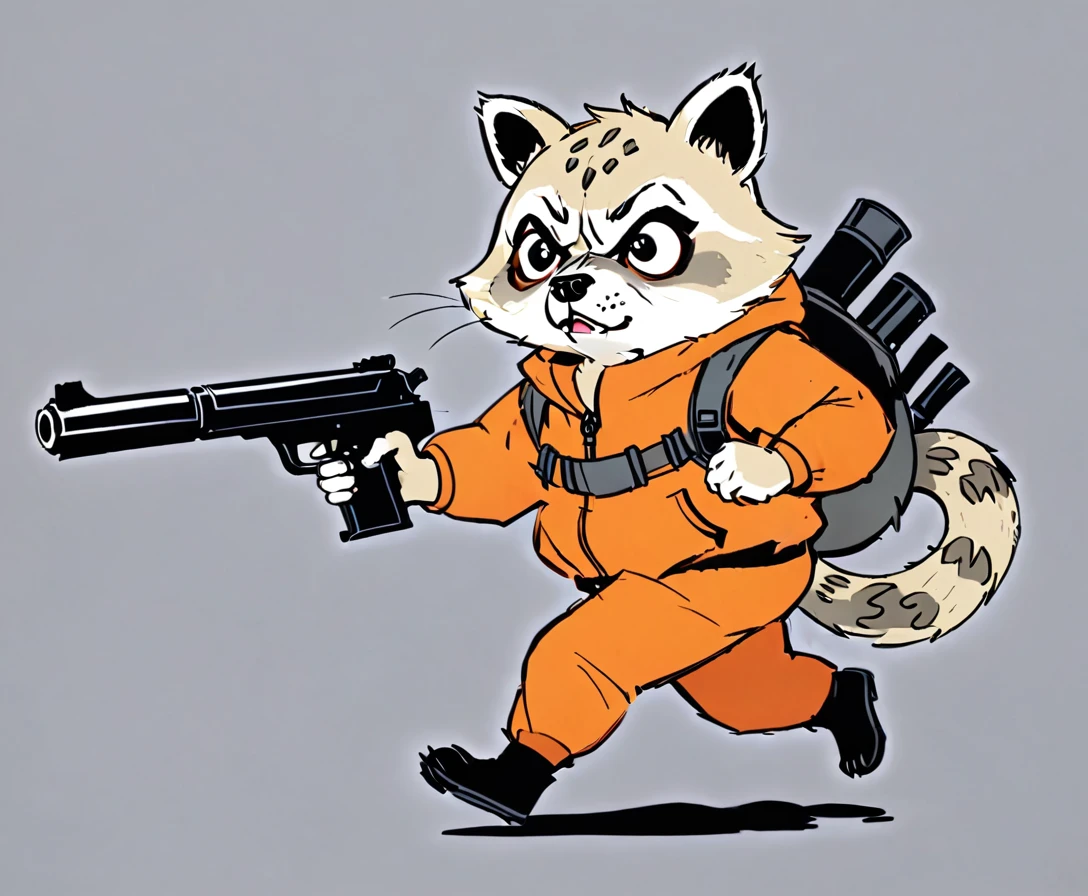 White Tanuki Raccoon, Big Circle Eye, Snake Pupils, Pug Mouth, Hyena Ear, Orange Tracksuit, Angry, holding Machinegun, Running, Style of Hanna-Barbara