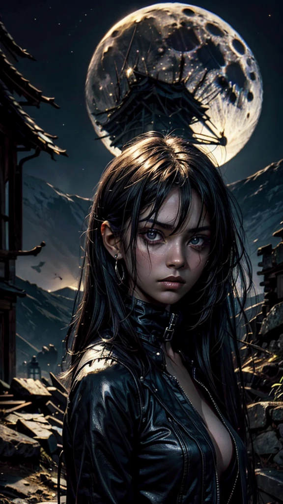 a mysterious dark girl with a tormented look, in the background a hill with a full moon behind it