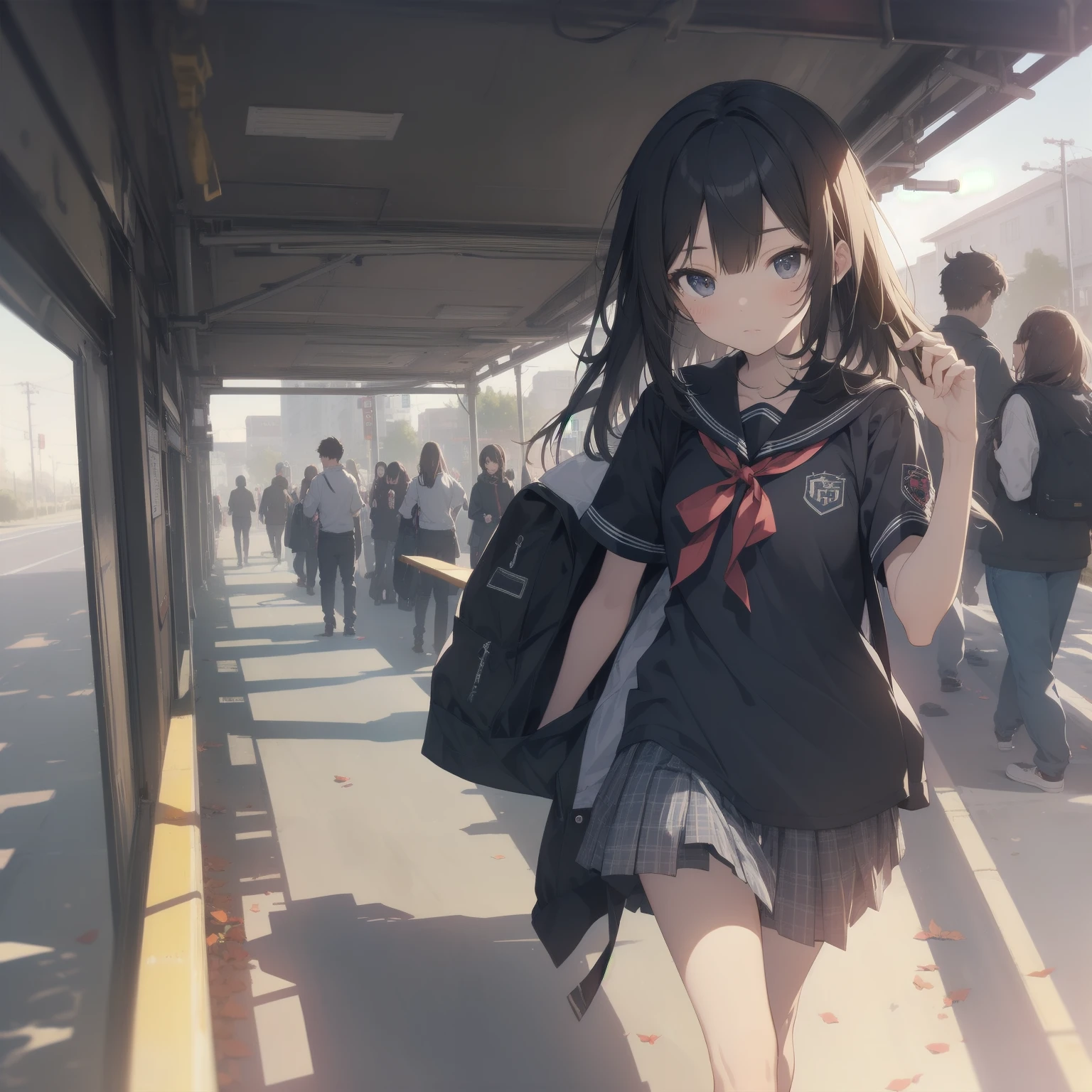 ultra-absurdres-Top quality by artist God, ultra-detailed, high resolution, anime moe artstyle, best anime 8k konachan wallpaper, pixiv contest winner, pool:2810, perfect anatomy,break, 1girl, (Please draw a girl walking sleepily to school alone. )break,(Solo,little female, 13-year-old:1.3),Full limbs, complete fingers,a junior high school student, (very short hair), short cut, flat chest, , small butt, small black eyes, beautiful detailed eyes, well-proportioned iris and pupils, expressive eyes, highres detailed hair, soft expression, salor school_uniform, sailor collar, serahuku, bow, pleated skirt,(Detailed Lighting), (Detailed background), in the School commute route. break,super detailed skin, Best cinematic lighting powered by famous artist, 8k,beauty illustration,photoshop_(medium),very aesthetic,break,((artist:yuuhagi_(amaretto-no-natsu) )), artist:clamp ,artist:carnelian ,artist:kantoku ,