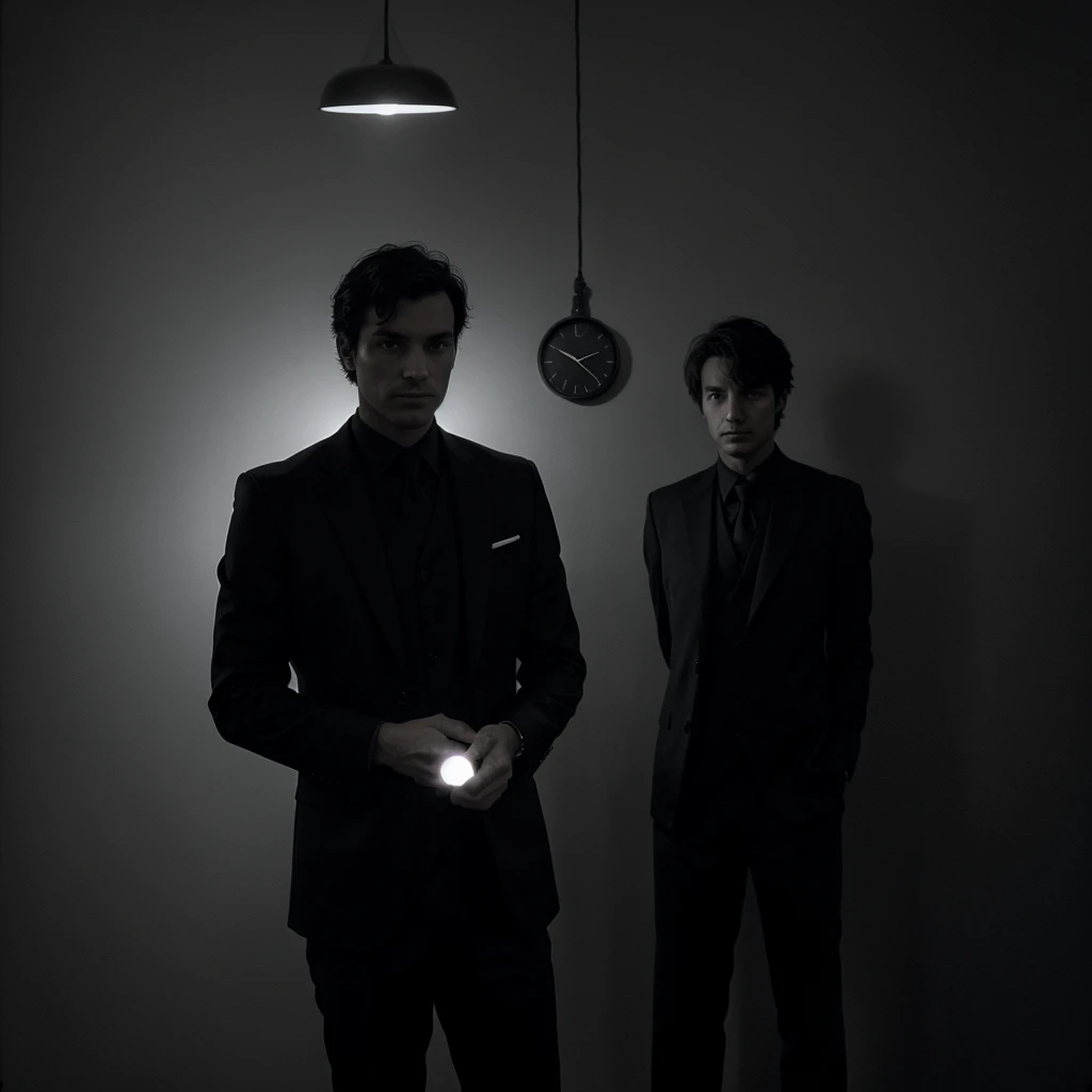 picture silhouette a man wear black suits and see hand clock, without color and background.