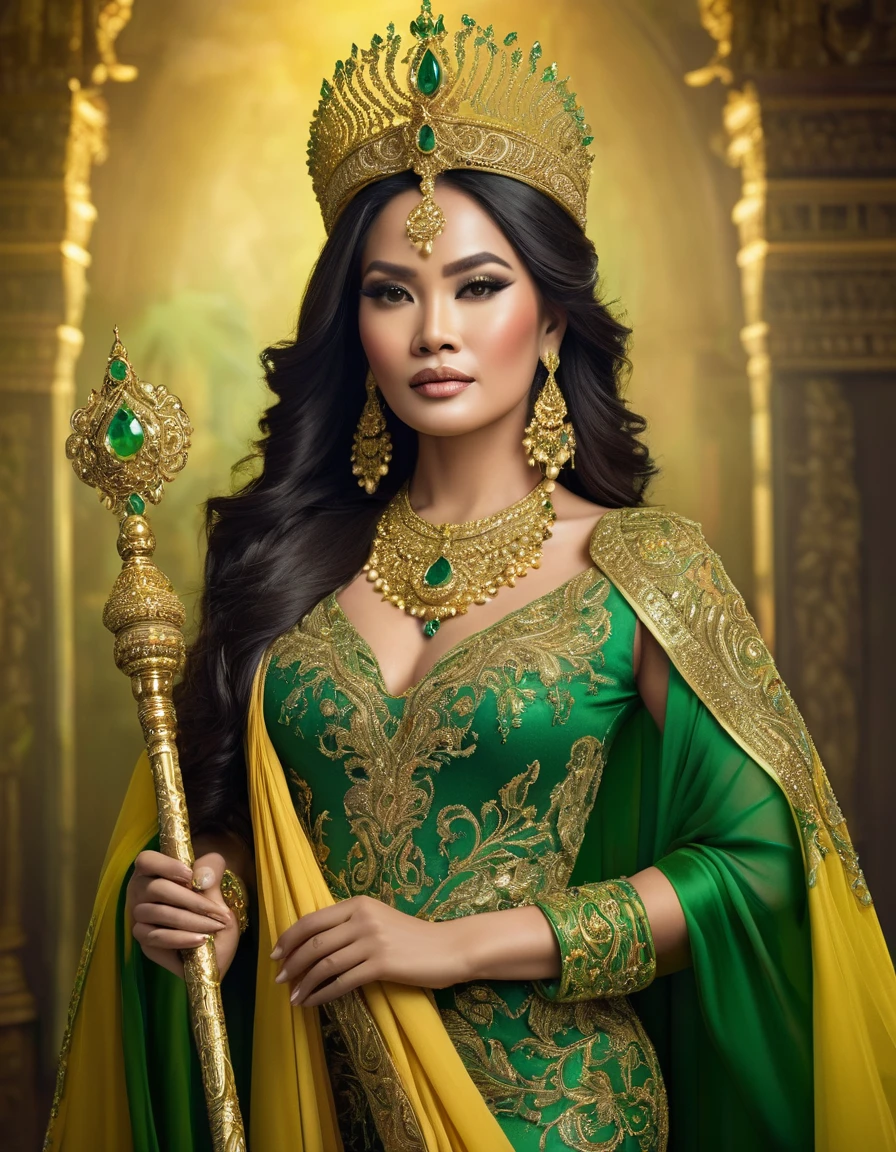 A beautiful indonesian regal woman, big , curved body. dressed in an ornate green and gold gown, accessorized with intricate jewelry. She has long, dark hair adorned with elaborate, beaded headdresses. She is holding a golden staff and draped with a yellow fabric. The setting is formal, highlighting her majestic and queenly appearance.