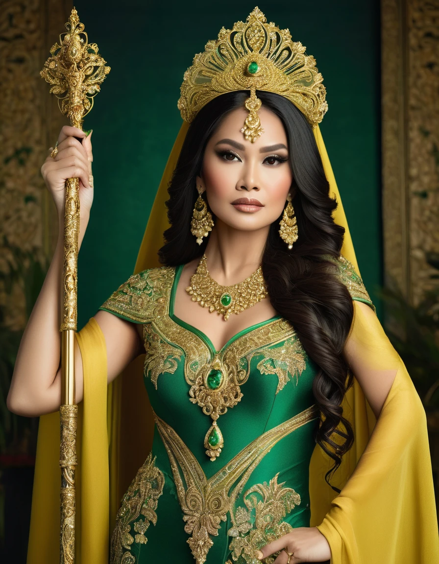 A beautiful indonesian regal woman, big , curved body. dressed in an ornate green and gold gown, accessorized with intricate jewelry. She has long, dark hair adorned with elaborate, beaded headdresses. She is holding a golden staff and draped with a yellow fabric. The setting is formal, highlighting her majestic and queenly appearance.