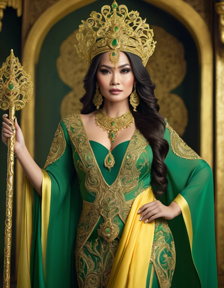 A beautiful indonesian regal woman, big , curved body. dressed in an ornate green and gold gown, accessorized with intricate jewelry. She has long, dark hair adorned with elaborate, beaded headdresses. She is holding a golden staff and draped with a yellow fabric. The setting is formal, highlighting her majestic and queenly appearance.
