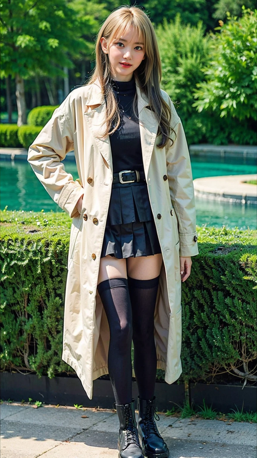 (8k、RAW Photos、Highest quality、masterpiece:1.2)、(Realistic、Realistic)、1 girl、((mini skirt、Blonde、pink long coat、、黒one piece、Thin legs、whole body、boots、one piece、tights、garden、View from the front、Looking into the camera、belt、Stand with hands on hips))、cute