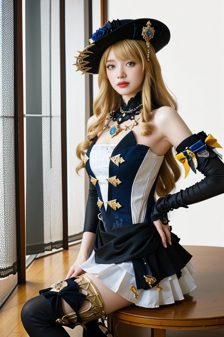 best quality, tmasterpiece,Ultra-high resolution,Clear face,(Reality:1.4),ferpect lighting,(upper body photo:1.3), (photorealistic:1.50), anime wallpaper, Guviz style artwork, cover-up fantasy up to magic , by Yang J, Guviz, beautiful artwork illustration, beautiful digital artwork, beautiful digital illustration, Li Song, beautiful anime portrait, art style in Beauvot, 1girl, 独奏,hat,blonde hair, long hair, drill hair, twin drills,Blue eyes, jewelry, flower, bare shoulders, black gloves,dress, thighhighs, thigh boots, boots, indoor, mirror, Curtain background, room,