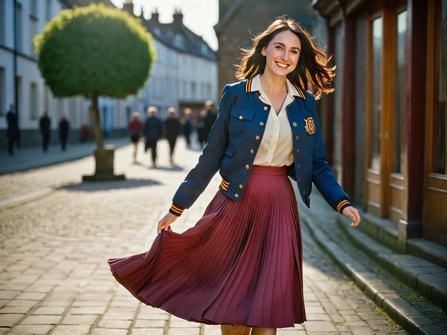 Laura Tobin, A smiling, authentic, (shy:1,3), kind, beautiful woman, is passionately in love with her skirt, wind wildly lifts her skirt, wearing uniform jacket and very, very detailed (long (fully pleated) full circle skirt) and (low heeled court shoes), very, very intricate hyper-detailed symmetric (attractive graceful young feminine face) with (sad, tired eyes and a loving smile), very voluptuous breasts, full of empathy and compassion and love, (pronounced (feminine) features), (highly detailed ultra accurate realistic) hands and fingers, (windy), epic composition, highly detailed attributes, (35mm f1.4 Kodak portra 400 photograph), extremely high quality RAW photograph, highly detailed atmosphere, sci-fi, cinematic shot, dynamic lighting, 75mm, Technicolor, Panavision, cinemascope, sharp focus, fine details, 8k, HDR, realism, realistic, key visual, film still, superb cinematic color grading, depth of field