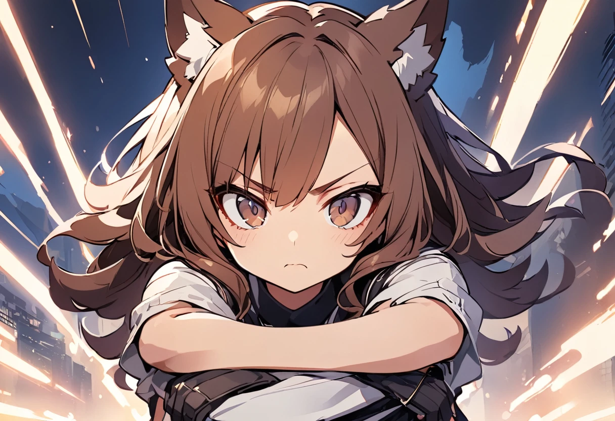 Anime, one girl, brown eyes, top quality, cute wolf girl, fashionable clothes, illustration, brown hair, serious expression, arms crossed, upper body,