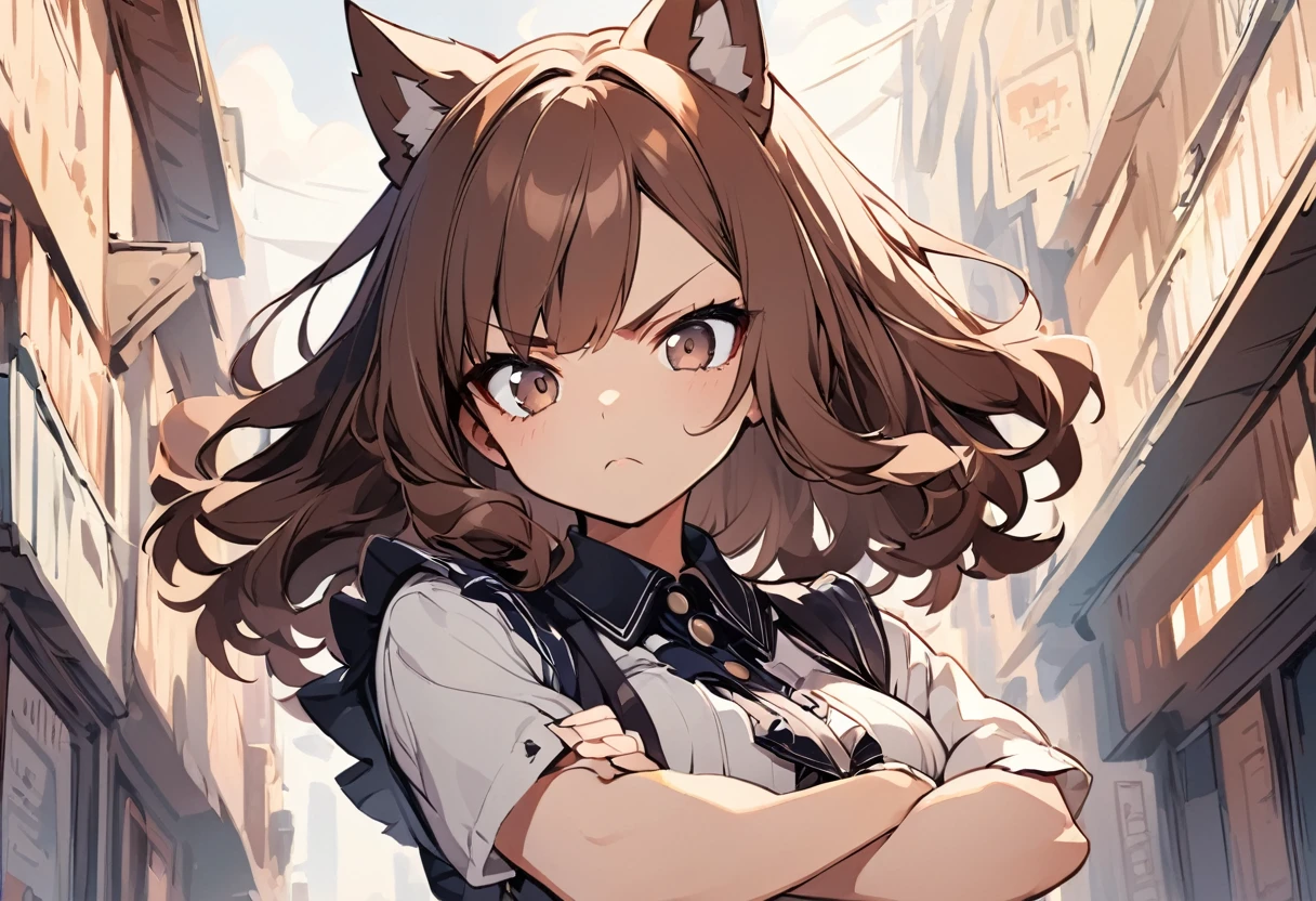 Anime, one girl, brown eyes, top quality, cute wolf girl, fashionable clothes, illustration, brown hair, serious expression, arms crossed, upper body,